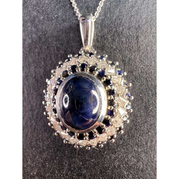 NEW Blue star sapphire and moissanite sterling silver halo pendant necklace - Picture 14 of 14